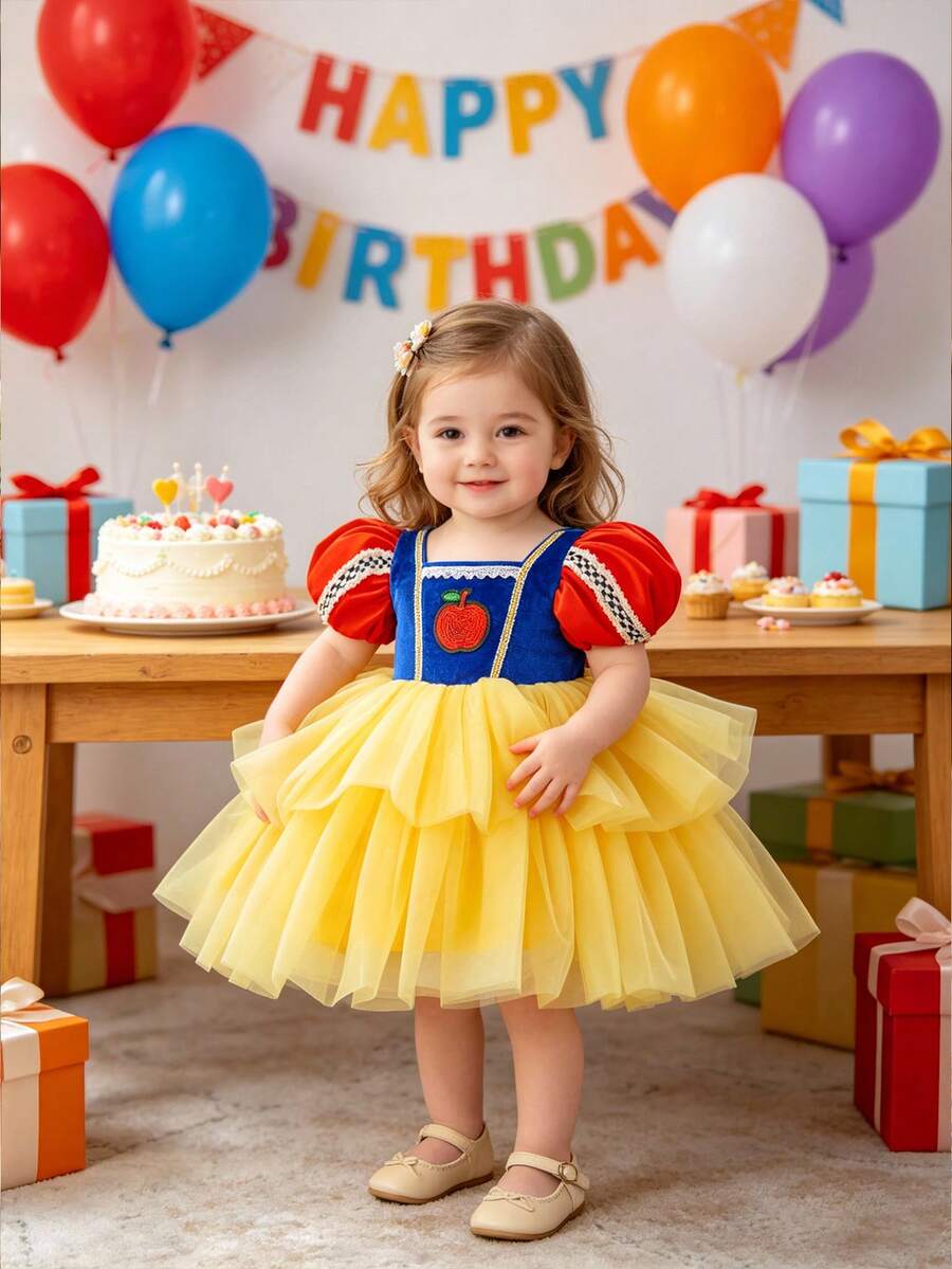 Baby Girls Puff Sleeve Princess Dress Gorgeous Tulle Multi-Layer Dress Suitable For Party - Yellow - View 1