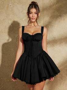 YijiaNvz   Vestido mini de estilo camiseta con volantes, de parche de encaje para damas - Burdeos - Ver 8