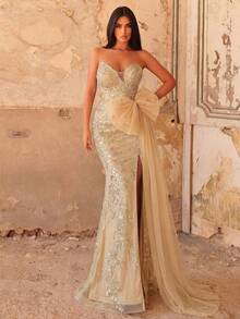 Faeriesty Elegant Bow Detail Strapless Split Mermaid Hem Printed Sequin Beaded Formal Gown & Evening Dress Wedding Party - Champagne - View 5