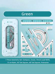 1Pc/2Pcs Professional Geometry Tool Set With Metal Case, 7-Piece Drafting Kit Including Compass, Protractor, Straight Ruler, Triangle Rulers, Eraser And Lead Refills, Accurate Measuring Tools For Drawing, Design, Math And Office Use - Sets - View 8