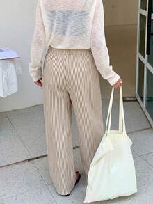 Pantalones holgados de cintura alta con rayas y pierna ancha, cintura con cordón, versátiles (rayas aleatorias) - Café integral - Ver 4