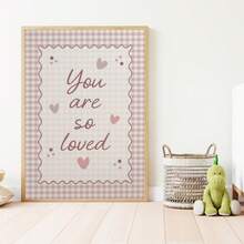 1pc Framed Canvas Baby Nursery Wall Art Decor, "You Are So Loved" Children's Artwork, Soft Pink Plaid Background With Heart And Wave Border, Bohemian Style Baby Girl Nursery Decor, Ready To Hang Framed Painting, Suitable For Toddler Bedroom, Playroom, Classroom, Baby Shower Gift, Little Baby Gift, Love And Affirmation Themed Artwork, Soft Pastel Color Palette Aesthetic, Modern Whimsical Style Children's Room Accent Decor - Multicolor - View 9