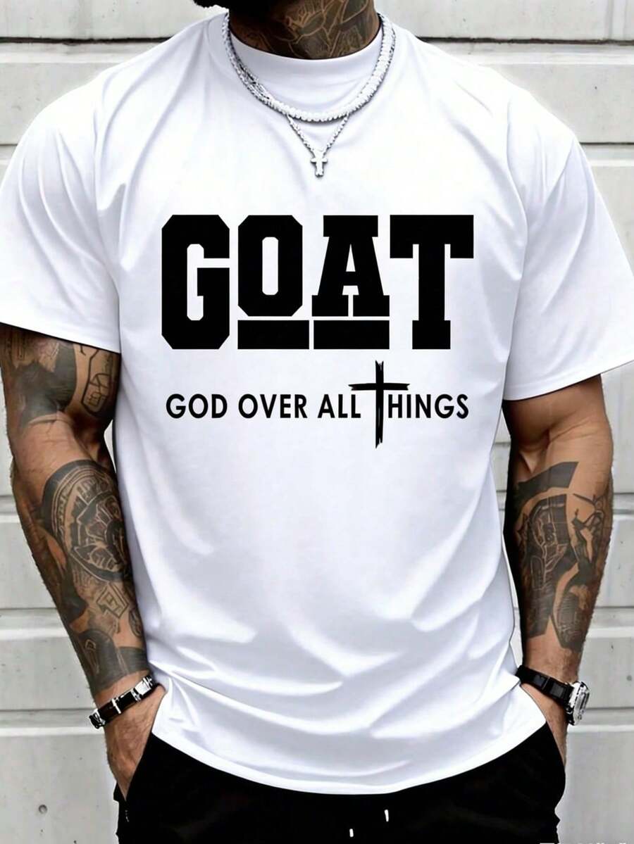 Camiseta 100% Algodón con Estampado Divertido de Jesús Dios de las Cabras, Manga Corta, Cuello Redondo, Estilo Casual, Adecuada para Todas las Temporadas - Blanco - Ver 1