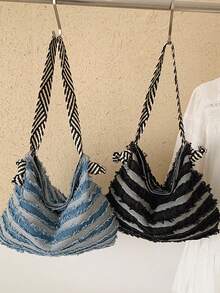 1 pieza, 42cm*1cm*34cm, Gran Capacidad, Bolso de Hombro de Mezclilla, Mochila Escolar, Mochila de Estudiante, Escuela Secundaria, Escuela Media, Mochila de Estudiante Universitario, Bolso Tote Abierto, Bolso de Hombro Casual para Compras, Bolso Casual para Compras, Bolso Hobo, Bolso con Borlas, Bolso para Viajes Diarios, Temporada de Regreso a Clases, Adecuado para Campus, Viajes Diarios, Compras, Regalos, Etc. - A - Ver 3
