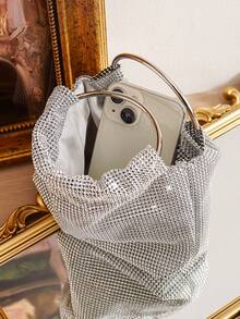 Borsa da sera con decorazione in strass scintillanti, borsa con manico ad anello doppio, borsa da festa, borsa per telefono, borsa per rossetto, borsa alla moda versatile - Argento - Visualizzare 8