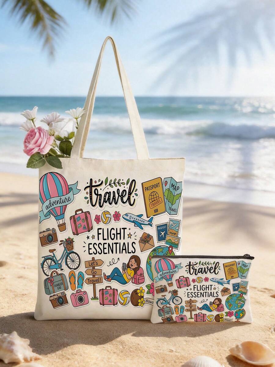 2pcs Cartoon Print Canvas Tote Bag Set, Large Travel Shoulder Bag With Mini Zipper Makeup Bag, Reusable Handbag For Vacation And Flight - Beige - View 1