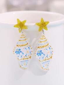 1 Pair Elegant Bohemian Design Fresh Unique Personalized Summer Marine Life Star Blue & White Print Seashell Acrylic Women's Earrings Suitable For Daily Commute, Summer Beach Party Wear Women's Jewelry - Multicolor - View 6
