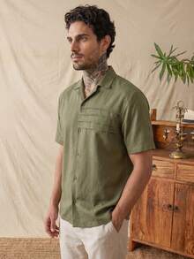 glestore 男士復古「老錢風」純色亞麻短袖襯衫：休閒、度假與日常通勤 - 百搭必備單品 - 軍綠色 - 查看 2