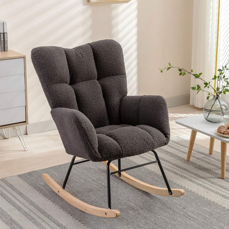Nursing Rocking Chair, Teddy Glider Chair For Nursery, Comfy Living Room Armchairs With High Backrest For Adults - 深灰色 - 查看 1