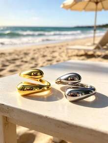 Summer Beach Fluid Asymmetric Water Drop Design Combination Rings, Metallic Gold & Silver Contrast Color, Adjustable Finger Rings, Shiny Metal Versatile Jewelry Gift, Random Style And Color - Multicolor - View 3