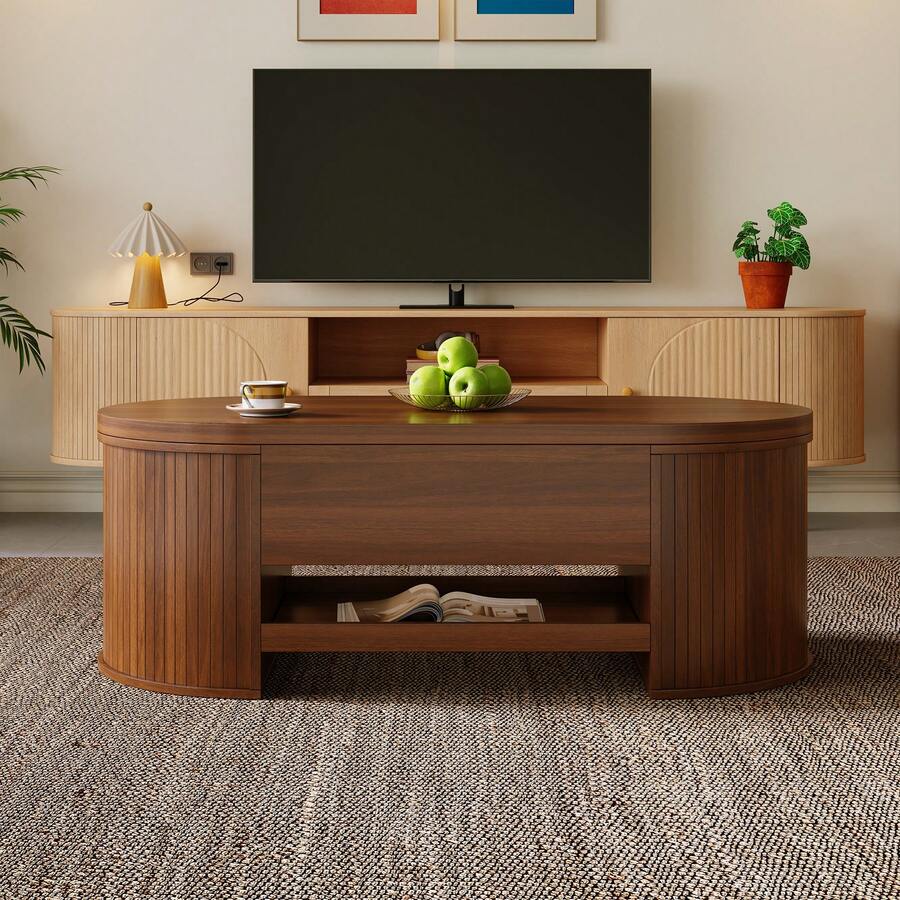 Lift-Top Coffee Table, Coffee Table With Curved Wooden Sides, Removable Shelf, Lift-Top, Multifunctional Living Room Furniture. - Walnut Wood Color - View 1
