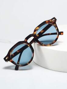 1pc Unisex Retro Round Small Frame Minimalist Personalized Fashion Glasses, Suitable For Travel, Holidays, Beach And Daily Wear - Tortoise Shell Frame Blue Piece - View 3