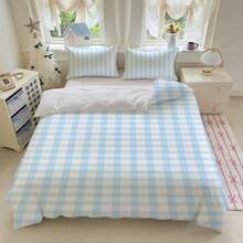 Set Perlengkapan Tidur 3 Potong Bergaris Biru & Putih, Set Sarung Selimut & Sarung Bantal Ultra Lembut, Ramah Kulit, dan Bernapas, Cocok untuk Semua Musim, Dekorasi Kamar Tidur Asrama Mahasiswa dan Rumah - Baby Blue - View 6