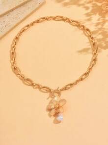1pc Fashion Sweet Gold 3D Flower Faux Baroque Pearl Pendant Choker Necklace With Twisted Rope Chain Design, Elegant High-End Gold Necklace For Women, Suitable For Daily Wear, Dates, Parties And Music Festivals - Gold - View 2