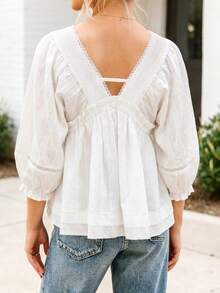 Women Summer Babydoll Blouses Casual Loose Tie-Up Tassel V Neck Bubble 3/4 Sleeve Going Out Tops For Daily Office - White - View 5
