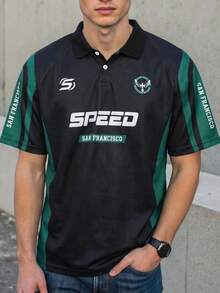 Men's Short Sleeve Color Block Polo Shirt, Green & Black Contrast Panel Design, Letter & Graphic Print, Loose Fit Casual Streetwear Sports Tops - Black - View 1