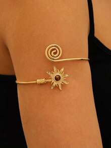 1pc Fashion Exaggerated Turquoise Inlaid Sun Spiral Open Metal Women's Arm Cuff - Gold - View 2
