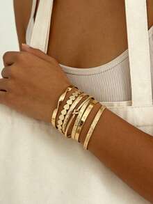 7PCS INS Style Rhombus Heart Smooth Knot Open Bangle Set, Asymmetrical Punk Multi- Bracelet For Women - Gold - View 2