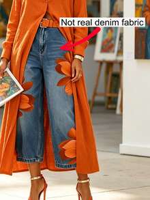 Women's Casual Soft Imitation Denim Printed Straight Leg Pants Without Waistband, Non Real Denim Fabric - Orange - View 1