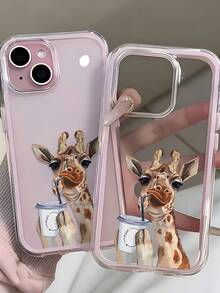 1pc Pink Frame Transparent Minimalist Lens Protection Anti-Drop Anti-Collision Coffee Drinking Giraffe Pattern Phone Case Personalized Suitable For IPhone 16 Pro Max/17/16/15/14 Plus/13/12/11 Protective Case Air Suitable For Samsung Series - Multicolor - View 2