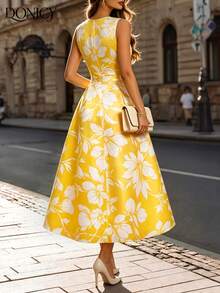 DONICY Women's Yellow Floral Sleeveless A-Line Dress, Casual Round Neck Vacation Wear - Yellow - View 2
