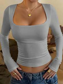 Vaiaye Women's Sexy Fitted Long Sleeve Blouse, Square Neck, Solid Color, Casual And Versatile, Minimalist For Everyday Wear, Spring/Summer - 米色 - 查看 1