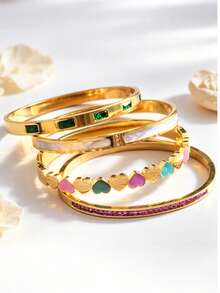 4pcs/1pc 304 Stainless Steel Bracelet Set, Suitable For Women's Daily Wear, Luxurious And Elegant Wrist Jewelry, Gift For Girlfriend Or Mother - Multicolor - View 1