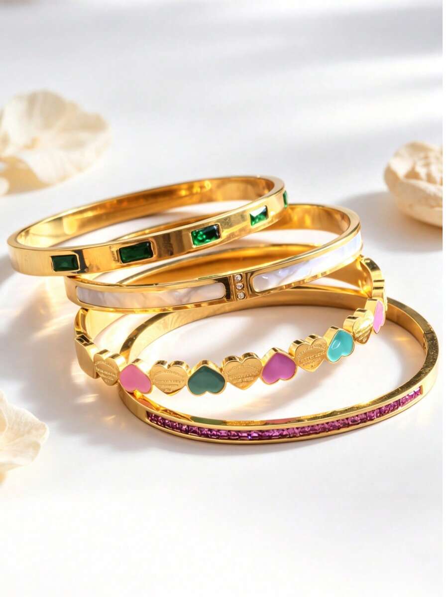 4pcs/1pc 304 Stainless Steel Bracelet Set, Suitable For Women's Daily Wear, Luxurious And Elegant Wrist Jewelry, Gift For Girlfriend Or Mother - Multicolor - View 1