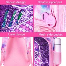3 Pieces Girls Purple Mermaid Tail Scale Print Reversible Sequin Material Adjustable Straps Cute Style Backpack Set For Back-To-School & Daily Travel - Fish Tail - View 5