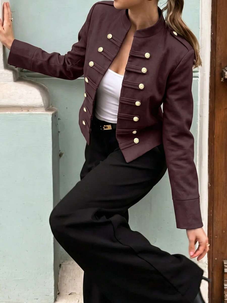 Jaket Wanita Model Napoleon Kerah Tegak Kancing Emas Kancing Ganda Musim Gugur 2026 Terbaru, Elegansi Prancis yang Memukau, Cocok untuk Perjalanan Sehari-hari dan Pakaian Jalanan - Burgundy - View 1