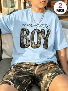 2pcs/Set Boys Outfit, Loose Top With "Mama's BOY" Print + All-Over Dried Leaf Pattern Shorts, Comfortable And Soft, Suitable For Summer And Sports - Multicolor - View 2