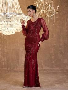 Women's Charming Red Long Formal Gown, Embroidered Bishop Sleeves And V-Neck Design, Perfect For Evening Parties And Balls - Burgundy - View 6