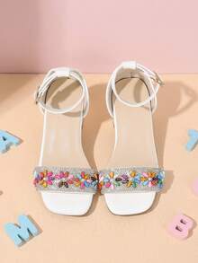 1 Pasang Sandal Hak Tinggi Musim Panas Baru untuk Anak Perempuan, Dekorasi Manik-Manik Warna-warni dengan Rhinestone Perak, Gesper Ujung Persegi Ujung Terbuka Sepatu Putri Manis, Cocok untuk Pesta, Pertunjukan, Belanja, Dipadukan dengan Gaun - Putih - View 4