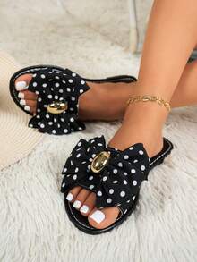 1 Pair Summer European & American Style Sweet Fashion Round Toe Women's Buckle Handmade Woven Bow Flat Slide Sandals - Black Floral Pattern - View 4
