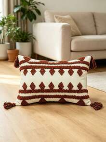 1pc/2pcs,Bohemian Tufted Geometric Throw Pillow Cover, White With Brown Diamond Pattern, Tassel Detail, Decorative Cushion Case For Sofa Couch Bed Living Room, Farmhouse Boho Home Decor,18x18in/12x20in, - Multicolor - View 13