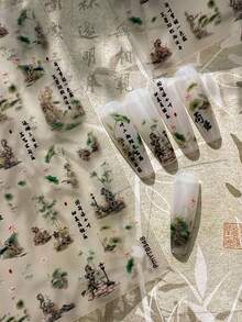 1張復古中式風景美甲貼紙，精緻水墨蓮花印花搭配書法，可移除無殘留貼花，適合優雅藝術風日常美甲 - 彩色 - 查看 1