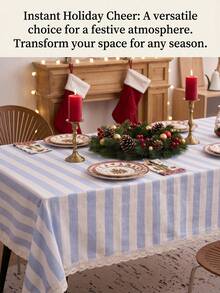 1pc Striped Lace Tablecloth, American Country Style Simple Decorative Dining Table Cloth, Rectangular Coffee Table TV Cabinet Entryway Multi-Functional Cover, Suitable For Holiday Gathering Birthday Party Wedding Dinner Table Decoration Room Decor Office Desk Coffee Table Mat Outdoor Picnic Mat Home Decor Room Decor All Seasons - Blue - View 2