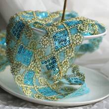 1/5英吋刺繡網紗蕾絲飾邊，金線鑽石圖案，亮面蕾絲緞帶，適用於洋裝衣物縫製手工，適合髮飾蝴蝶結、包包、帽子、窗簾、派對裝飾，復古波希米亞風縫製配件布飾邊 - 多色C - 查看 6