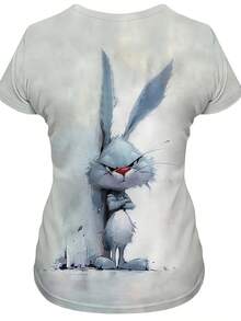 Fun Design With Cartoon Rabbit Print, Casual And Elegant Style, Fashionable Women's Top, Comfortable Round Neck T-Shirt For Women, A Great Gift Choice. - Apricot - View 9