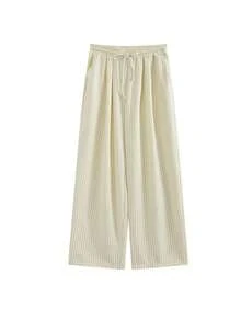 Pantalones de pierna ancha a rayas de cintura alta holgados, con cordón en la cintura, versátiles (rayas aleatorias) - Amarillo claro - Ver 5