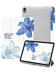 1 pieza Funda protectora de silicona plegable a prueba de golpes con patrón de letra de flor azul de dibujos animados exquisita y linda para tableta con ranura para lápiz, compatible con Samsung, admite suspensión/activación - Multicolor - Ver 2