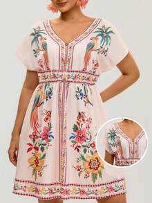 de vacaciones con estampado de plantas tropicales y loros para mujer de talla, suelto de manga corta y cuello en V - Multicolor 2 - Ver 1