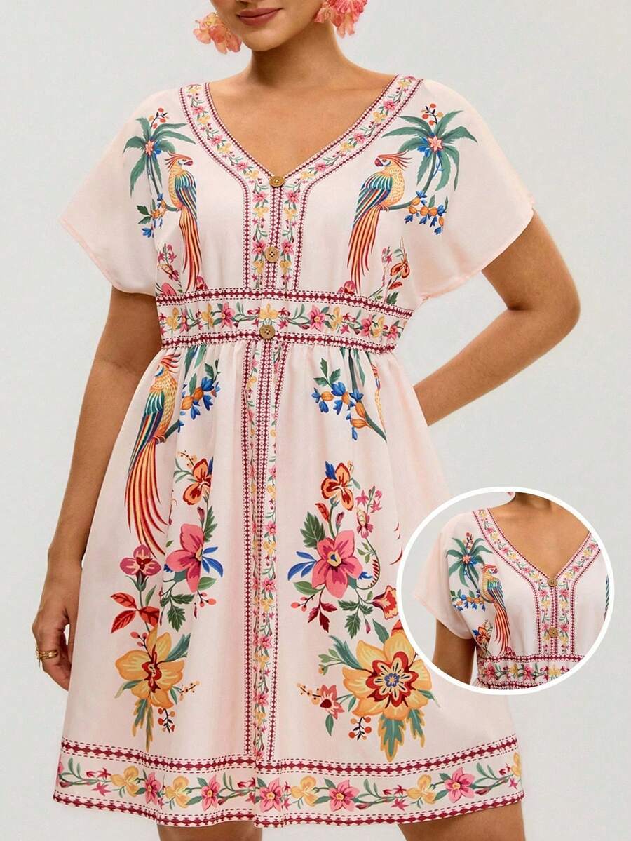 de vacaciones con estampado de plantas tropicales y loros para mujer de talla, suelto de manga corta y cuello en V - Multicolor 2 - Ver 1