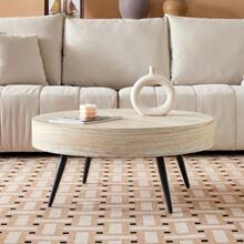Round Coffee Table, 70 Cm In Diameter, Made Of Light Travertine-Effect MDF, With Black Metal Legs. Minimalist Design, Ideal For Living Rooms And Small Spaces. - 米色 - 查看 3
