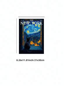 1pc Frameless Van Gogh Starry Night Cat New York Magazine Wall Art - Dreamy Window Print Canvas Poster, Hallway Above Door Decor For Bedroom, Apartment, Dorm, Living Room, Room Decor Bedroom, Deko,Prints For Wall, Vintage Decor & Best Gift Choice - Cartoon - View 11