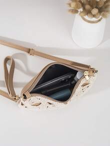 Elegant Lace Crossbody Bag With Minimalist Nude Shoulder Strap, Beach Vacation Style, Suitable For Spring And Summer, Easily Matches Various Dresses Or Casual Outfits, Adjustable Shoulder Strap, Zipper Closure With Handle - Apricot - View 5