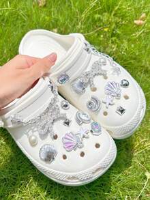 20pcs Silver Ocean Series Shoe Charms, Shell, Starfish, Bow DIY Accessories, Charm Set For Perforated Slippers - Silver Seashell - View 6
