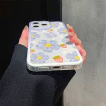 1pc Fashionable Light Purple & White Border Fresh Strawberry Purple Floral Pattern Transparent Phone Case, Glossy Painted Print, Smooth Surface, Compatible With IPhone 17 16 15 14 13 12 11 Pro Max/ S25 Ultra S24 Ultra S23 Ultra, Anti-Drop Anti-Fingerprint - Clear - View 4