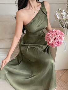 Vestido de verano de longitud media con cuello asimétrico, fruncido y sin mangas, de unicolor y elegante para mujer - Morado - Ver 6