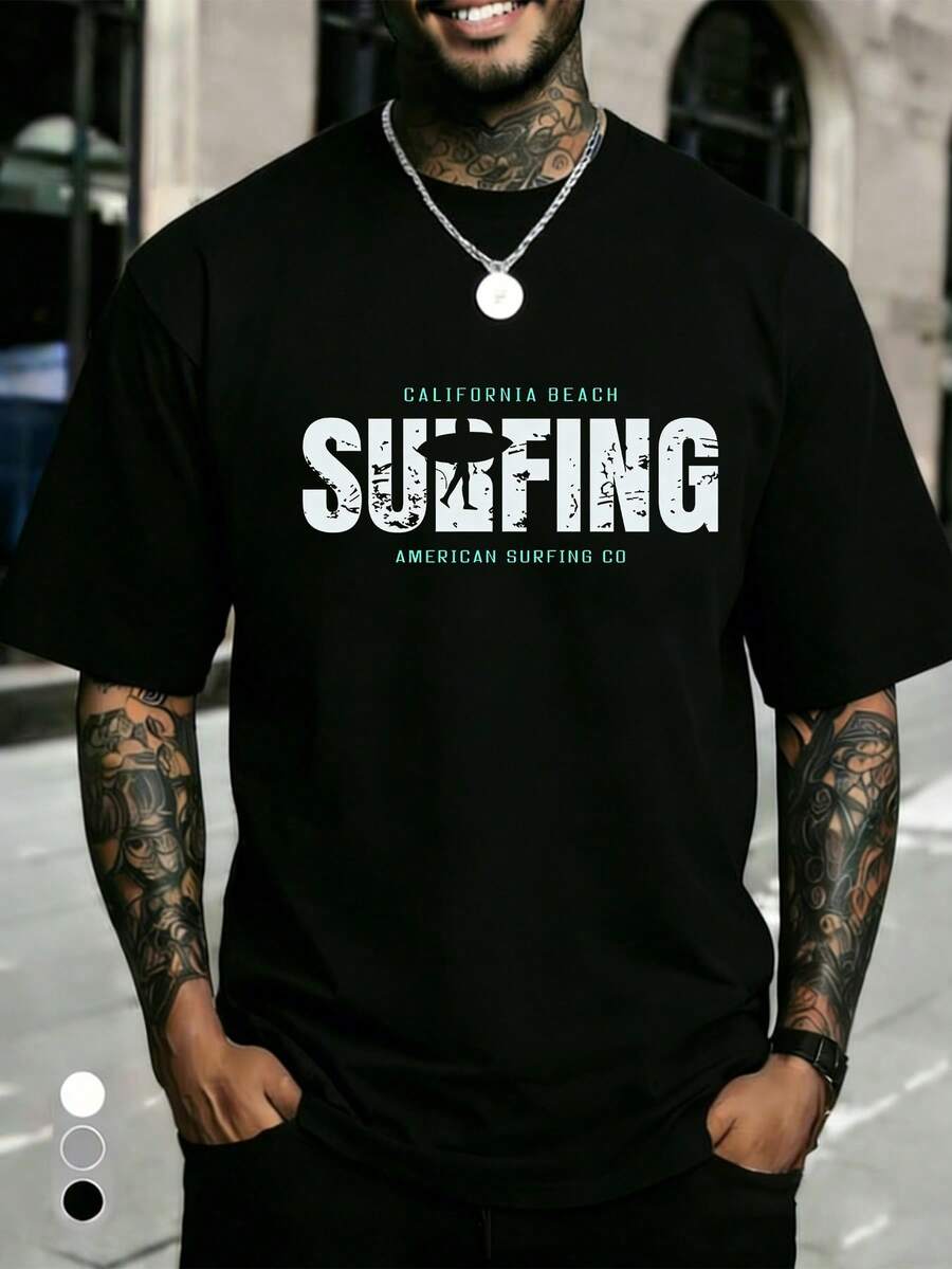 240g Cotton T-Shirt With California Surf Design. Offset Shoulders, Comfortable, Ideal For Everyday Wear And As A Base Layer. - Black - View 1